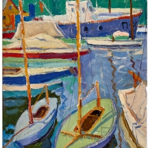 אנה זילברמן (Anna Zilberman, 1935-2000)  'סירה ירוקה לצד סירה כחולה במעגן'