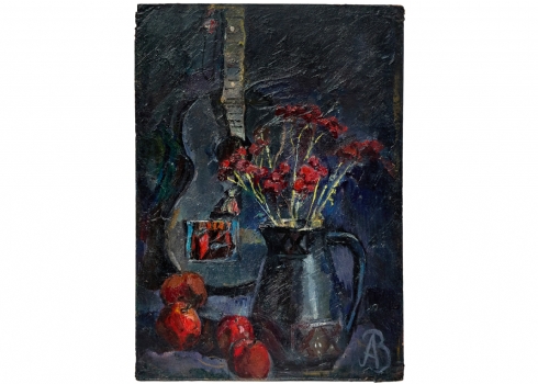 אנה זילברמן (Anna Zilberman, 1935-2000)  'טבע דומם עם גיטרה ופרחי ציפורן׳