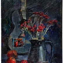אנה זילברמן (Anna Zilberman, 1935-2000)  'טבע דומם עם גיטרה ופרחי ציפורן׳