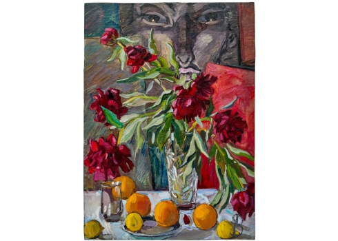 אנה זילברמן (Anna Zilberman, 1935-2000)  'טבע דומם עם אגרטל פרחים ותפוזים'