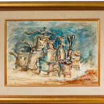 יוסל ברגנר (Yosl Bergner) - 'כלים' - אקוורל על קרטון מוצמד לבד חתום