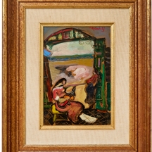 משה רוזנטליס (Moshe Rosenthalis) - 'אישה מנגנת בגיטרה במרפסת' - שמן על לוח, חתום