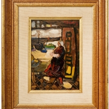 משה רוזנטליס (Moshe Rosenthalis) - 'אישה ערביה בפתח חנות בנמל יפו' - שמן על לוח