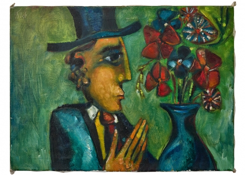 יואל קס (Yoel Kass) – 'גבר לצד אגרטל פרחים כחול' – שמן על בד, חתום