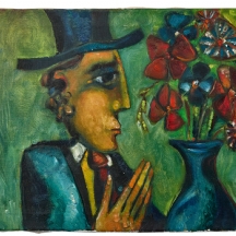 יואל קס (Yoel Kass) – 'גבר לצד אגרטל פרחים כחול' – שמן על בד, חתום