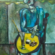 יואל קס (Yoel Kass) – 'אישה בבית קפה אלסקה' – שמן על בד, חתום