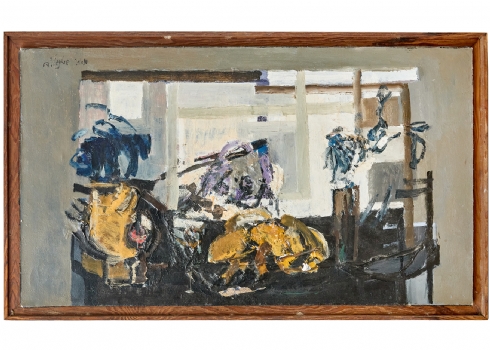 מאיר שטיינגולד (Meir Steingold) – 'נתחי בשר על דלפק ליד חלון' – שמן על בד, חתום