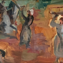 ליאו קאהן - 'נשים ערביות במסיק זיתים', שמן על לוח חתום