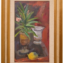 ליאו קאהן - 'טבע דומם עם שני כדים ולימון', שמן על בד, חתום