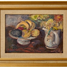 ליאו קאהן - 'כד פרחים וטאזת פירות', שמן על לוח חתום