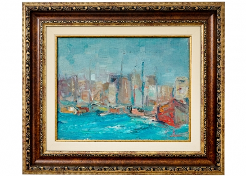 'סירות במעגן', שמן על בד לא חתום