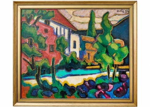 אריה (לוליק) אקשטיין (1928-2015) 'בית אדום ועצים' – שמן על בד צרפתי