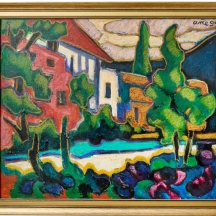 אריה (לוליק) אקשטיין (1928-2015) 'בית אדום ועצים' – שמן על בד צרפתי