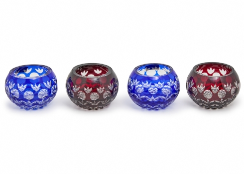 סט כלי קריסטל קטנים רומניים מלוטשים ביד בצבעי בורדו וכחול