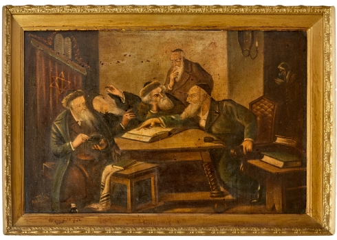 'יהודים לומדים תורה' - ציור הונגרי, שמן על בד, חתום