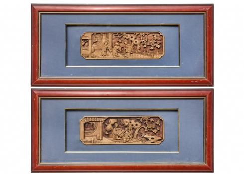 זוג תבליטים סינים לתליה על הקיר מעץ מגולף