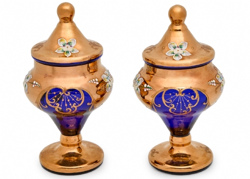 Salvadori Tre Fuochi - זוג קערות ממתקים מזכוכית מוראנו (כחול וזהב)