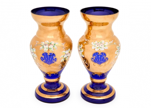 זוג אגרטלים מזכוכית בוהמית מוראנו בסגנון Tre Fuochi (זהב וכחול קובלט)