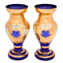 זוג אגרטלים מזכוכית בוהמית מוראנו בסגנון Tre Fuochi (זהב וכחול קובלט)