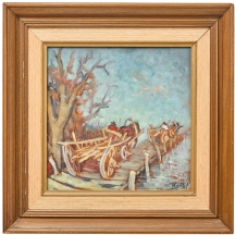 שמואל גולדשטיין  - שני עגלונים על מזח, שמן על לוח, חתום