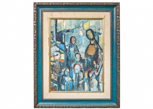 אהרון גלעדי - משפחה בקיבוץ, שמן על בד, חתום