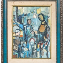 אהרון גלעדי - משפחה בקיבוץ, שמן על בד, חתום