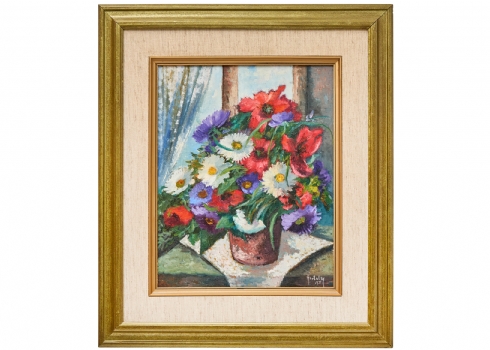 הדי קון (Heddy Kun) – פרחים בכד חום שמן על בד צרפתי, חתום