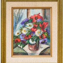 הדי קון (Heddy Kun) – פרחים בכד חום שמן על בד צרפתי, חתום