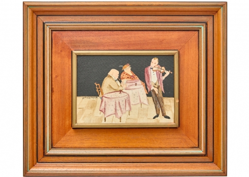 ליאורה קרן - 'כנר בבית קפה', שמן על בד צרפתי חתום ומתוארך 1988