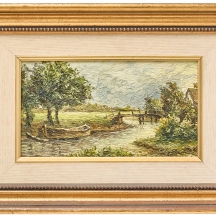 סירה ליד גשר, שמן על לוח, נתון במסגרת נאה