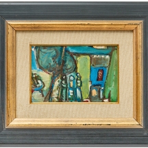 משה רוזנטליס (Moshe Rosenthalis) - 'דמויות בנוף כחול', שמן על לוח חתום