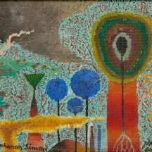 יוחנן סימון (Yohanan Simon) - 'נוף פסיכודלי'  שמן על לוח, חתום ומתוארך: 1969