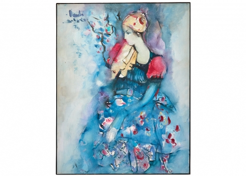 יהודה ורדי (Yehuda Vardi) - 'אישה על רקע כחול' - שמן על בד, חתום ומתוארך: 1974