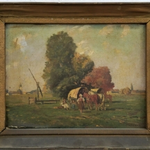 'כפריים ושתי עגלות' - ציור עתיק, שמן על בד מוצמד ללוח, חתום