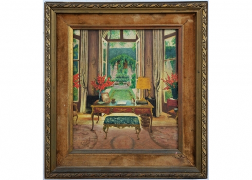 'פנים חדר עם שולחן כתיבה' - שמן על בד צרפתי, חתום ומתוארך 1983