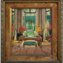 'פנים חדר עם שולחן כתיבה' - שמן על בד צרפתי, חתום ומתוארך 1983