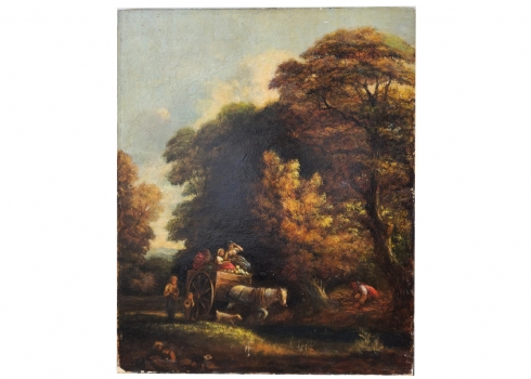 'כפריים בכרכרה רתומה לסוס לבן' - ציור עתיק, שמן על קרטון