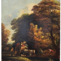 'כפריים בכרכרה רתומה לסוס לבן' - ציור עתיק, שמן על קרטון