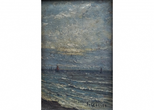 'סירות בים' - ציור עתיק שמן על לוח חתום