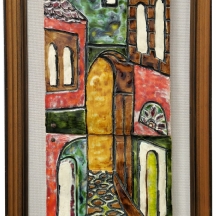 תבליט קרמיקה ישראלי מוצמד ללוח וממוסגר