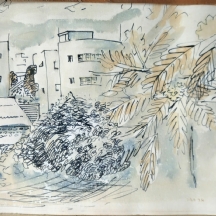 דוד הנדלר - נוף תל אביב רישום דיו ואקוורל על נייר חתום