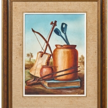 טבע דומם עם ספר כחול שמן על בד צרפתי, חתום ש. אלדור