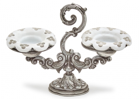 מעמד שולחני בוהמי עתיק למלח ופלפל, עשוי מתכת מצופה כסף וזכוכית