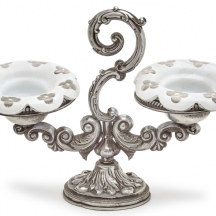 מעמד שולחני בוהמי עתיק למלח ופלפל, עשוי מתכת מצופה כסף וזכוכית