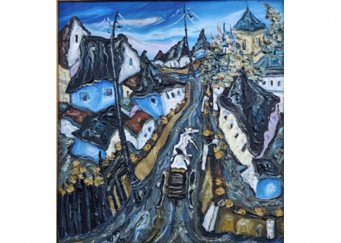 מיכאל משה שטיינברג (1933-2010) - 'עגלון בעיירה היהודית', שמן על בד