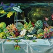 'טבע דומם עם ענבים ואנונה ליד כד מים שקוף' - ציור בורמזי ישן אקוורל על נייר