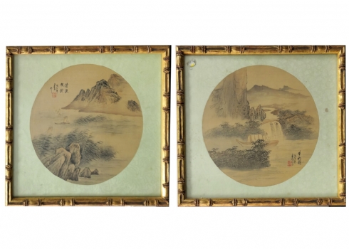 שתי תמונות סיניות ישנות, אקוורל על נייר, מסגרות מעוצבות כקני במבוק