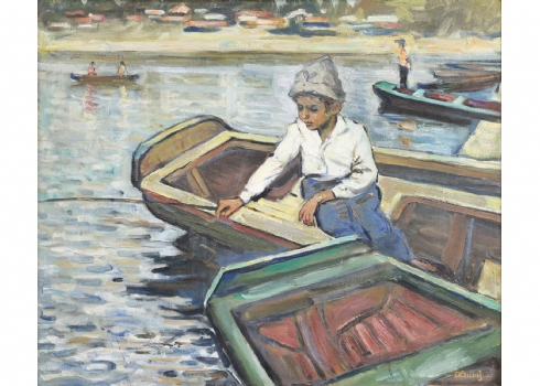 'ילד בסירת עץ, לבוש כובע שעליו סמל מנורה' - ציור שמן על בד, חתום, אמן לא מזוהה