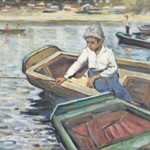 'ילד בסירת עץ, לבוש כובע שעליו סמל מנורה' - ציור שמן על בד, חתום, אמן לא מזוהה