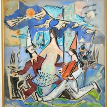 מיכה גדיאל - 'שני ליצנים ונפקנית', ציור ישן, אקוורל על נייר, חתום, הזכוכית פגומה